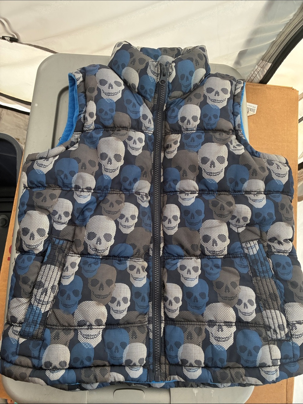 Kids Puffer Vest Skulls Skeleton Halloween Fall Sz S 6/7 Goth Fleece Full Zip
